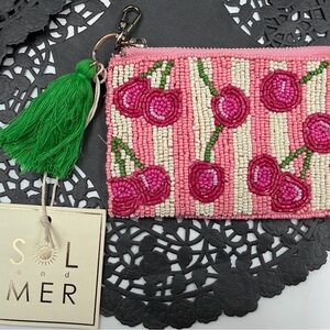 Sol & Mer Cherry Beaded Coin Pouch Pink Striped Tassel Zip Coin purse NWT
